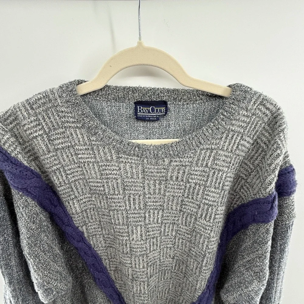 80s Bay Club Sweater Vintage Gray Purple Geometric Cable‎ Knit Size XL